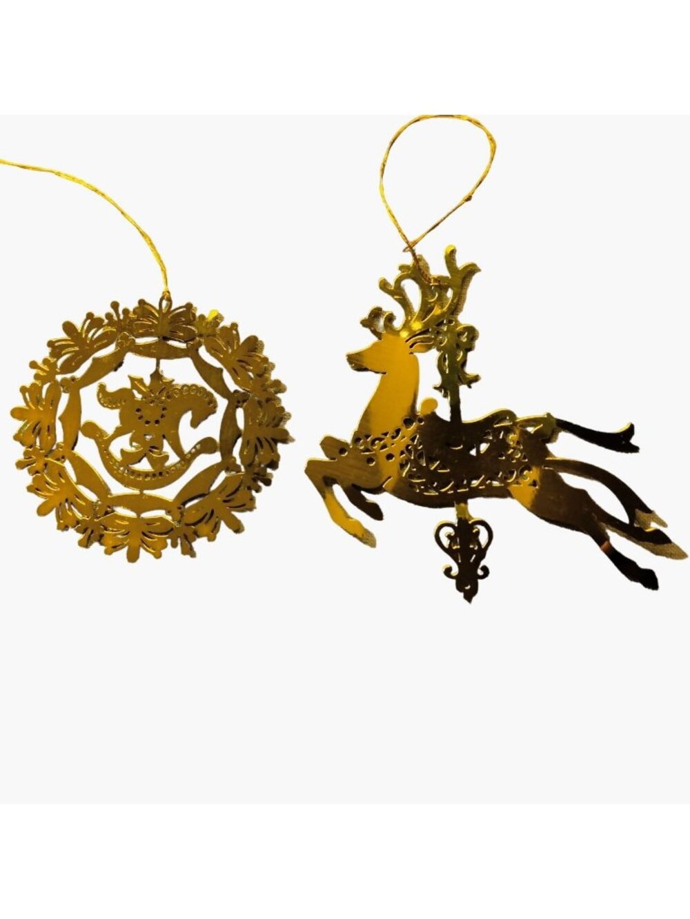Brass Christmas Ornaments Reindeer Carousel Rocking Horse Wreath Filigree
